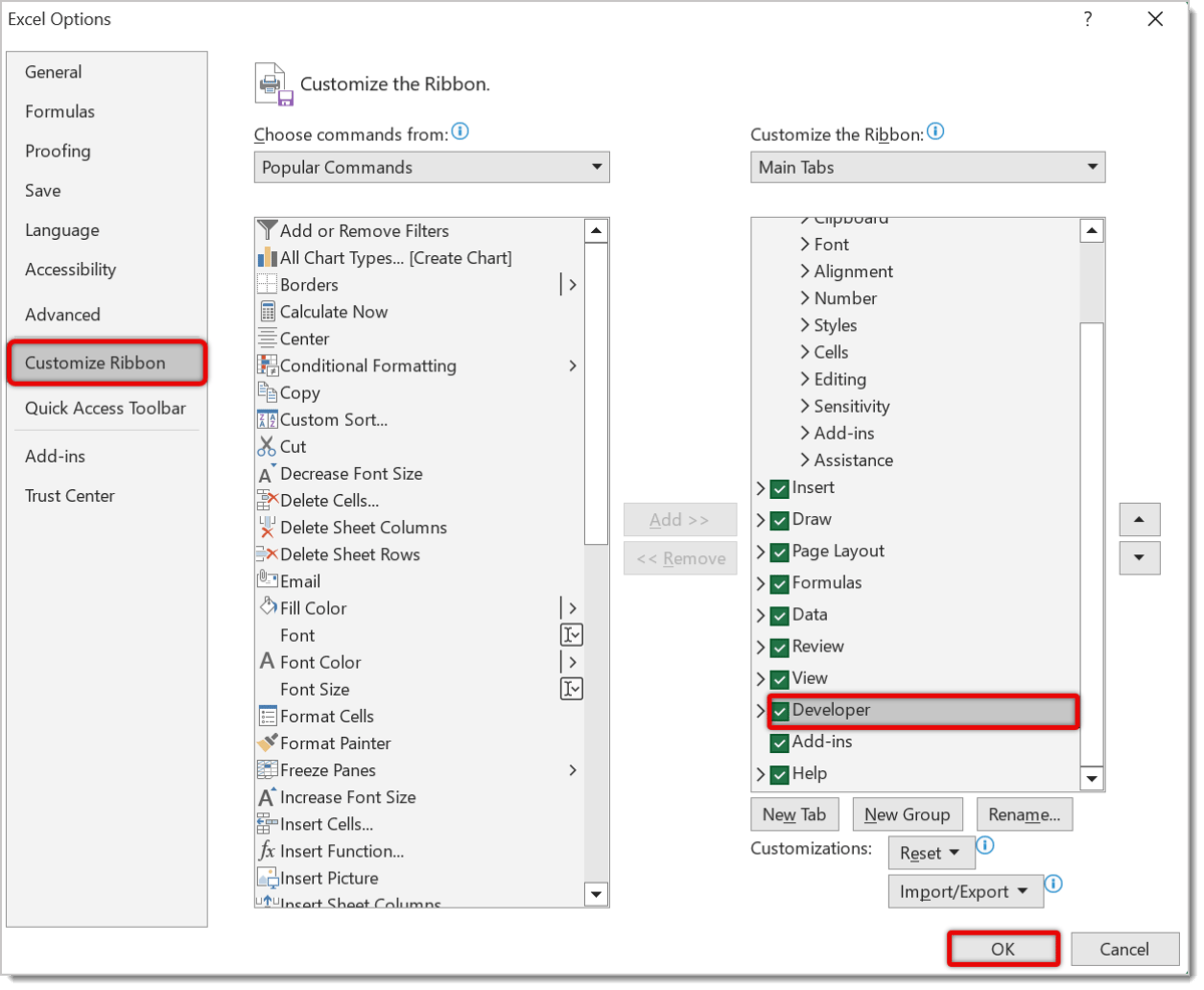Image of the Excel Options. Red boxes highlight where to click to add Developer to the top taskbar.