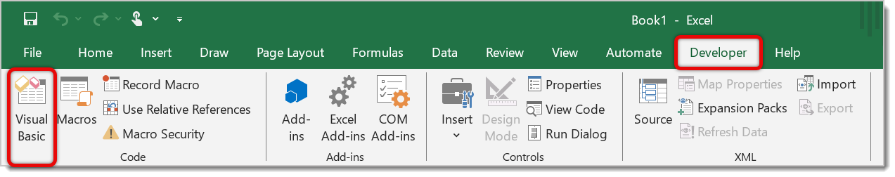 Image showing the Visual Basic button on the Developer tab of Microsoft Excel.