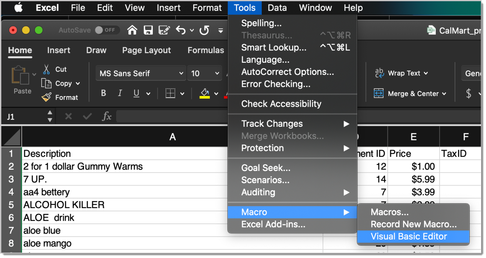 Image showing how to access the Visual Basic Editor on a Mac device.