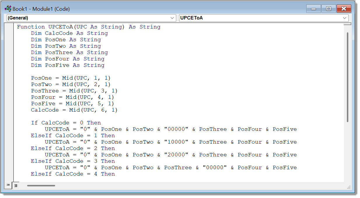 Example of the code pasted in the Module.