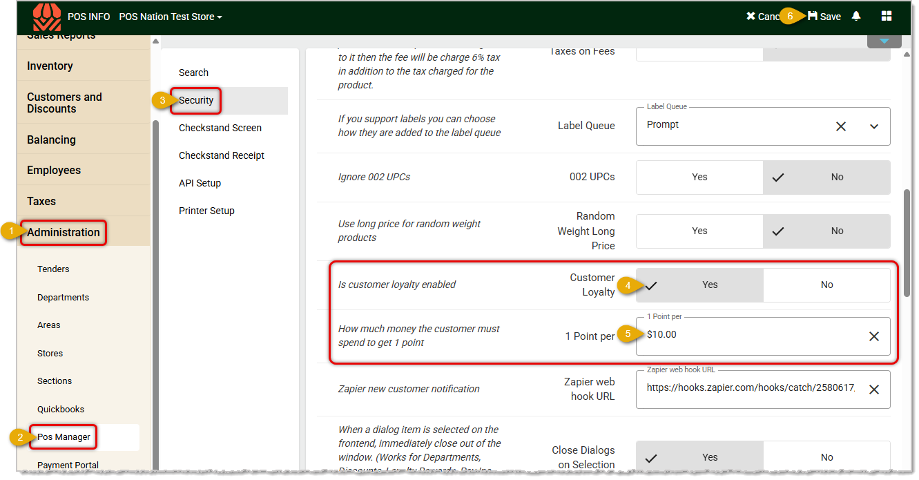 Image showing how to activate and configure customer loyalty in the system's Back End.