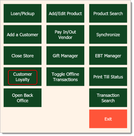 Image of the Manager Functions window. Customer Loyalty is highlighted.