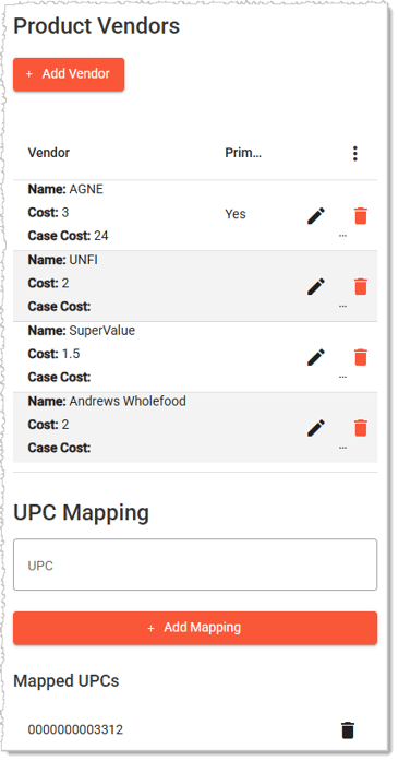 Image showing the Vendors and UPC Mapping areas of the Inventory tab of the Product Maintenance page in the system.