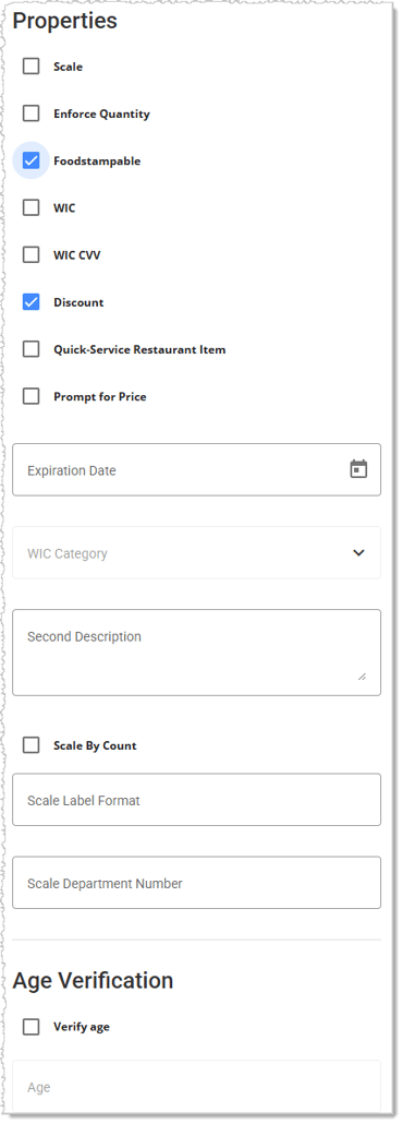 Image showing the configuration options of the Properties tab of the Product Maintenance page in the system.