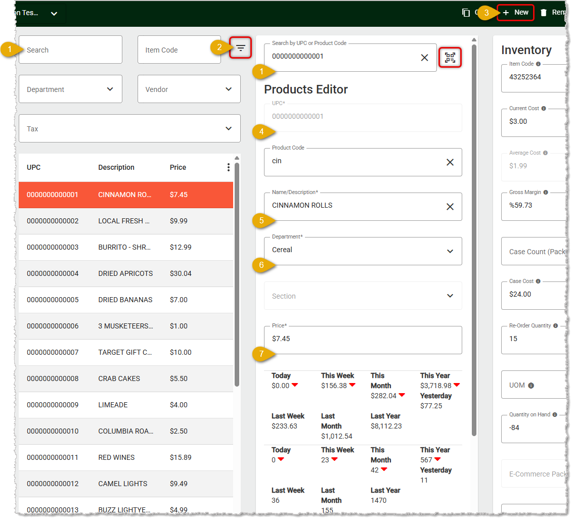 Image showing the steps to create a new product on the Product Maintenance page in the POS Back End