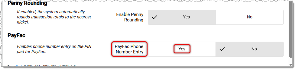 Image showing the PayFac Phone Number Entry setting on the Checkstand Screen tab of the POS Manager in the IT Retail system.