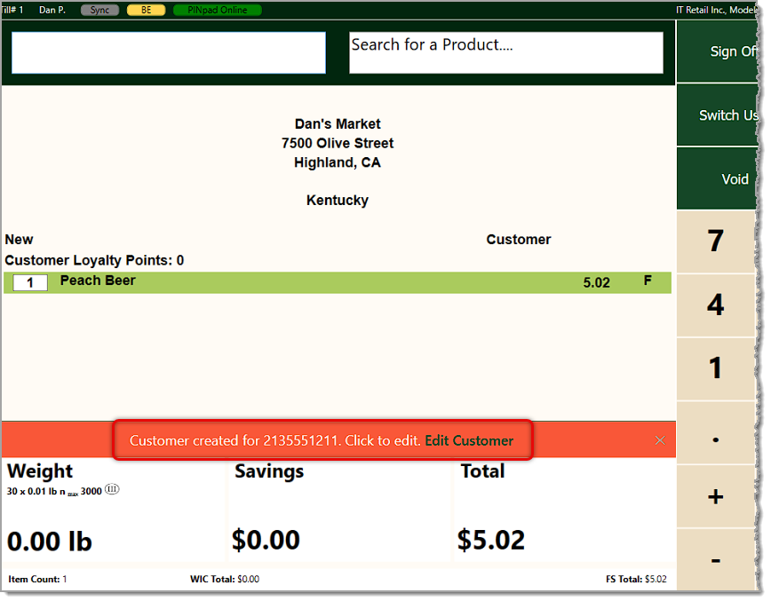 Image showing the IT Retail Front End with a newly created customer from phone entry on the P5 Card Reader.