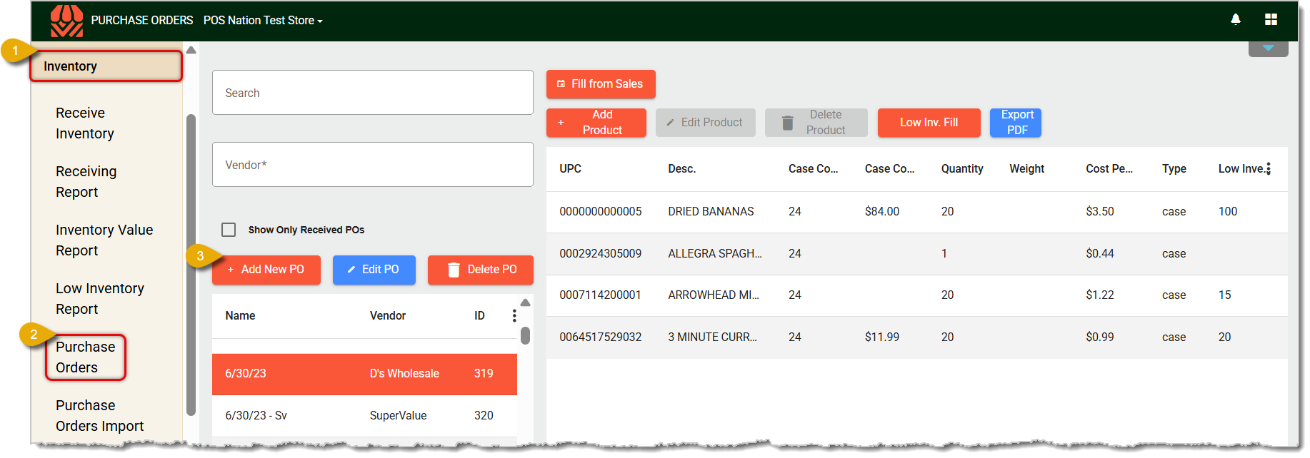 Image of the Purchase Orders page in . Numbers highlight different steps.