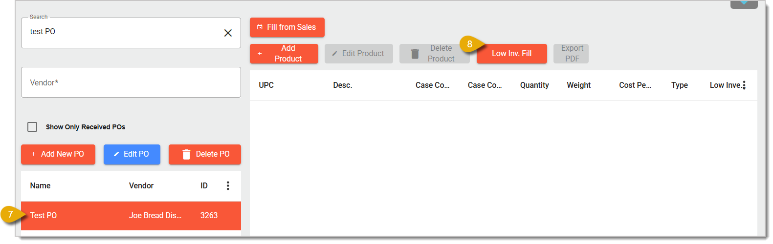Image of the Purchase Order page. A selected Purchase Order and the button for Low Inventory Fill are highlighted.