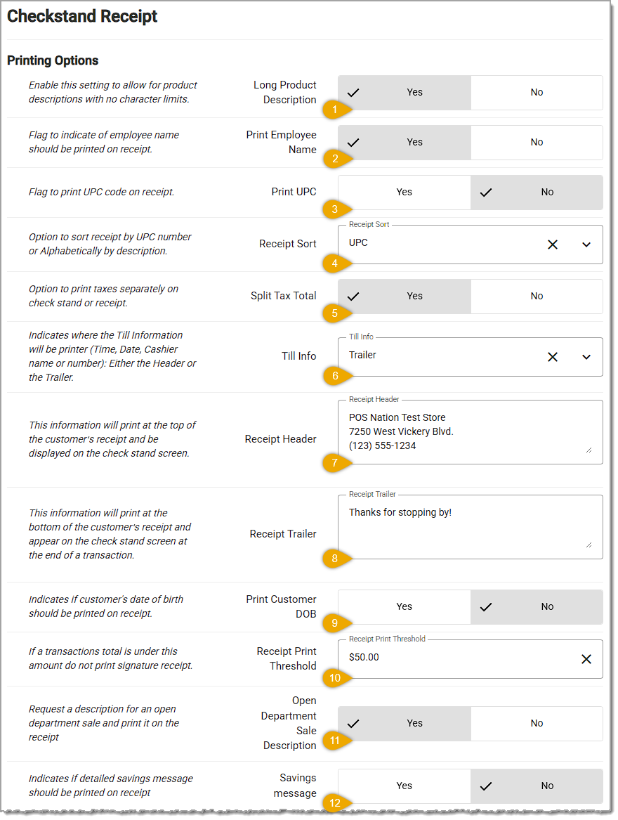Image showing the Printing Options section of the POS Manager Checkstand Receipt page in the Administration menu of the system's back end.