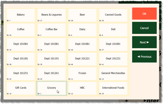 Image showing the departments available for a non scan item in the Markt POS.