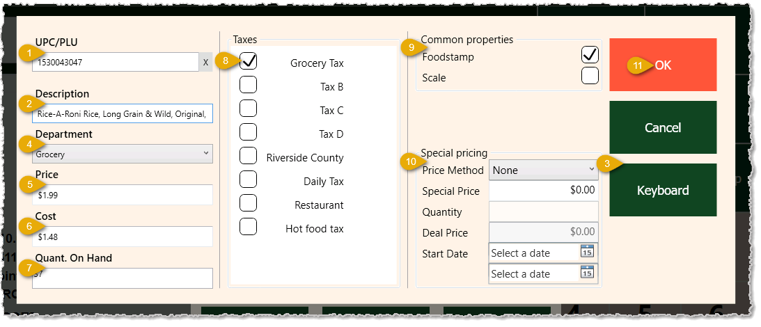 Image showing the Add Product window of the Markt POS Front End with major features highlighted.