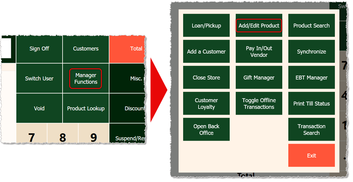 Image showing the Manager Functions in the Markt POS Front End with the Add/Edit Product function highlighted.