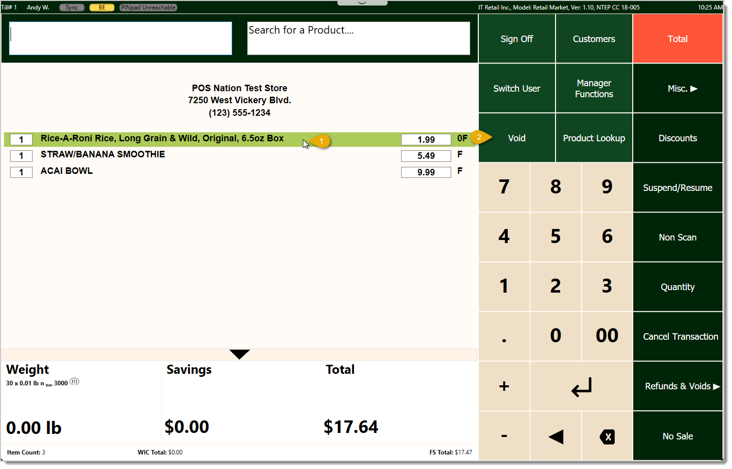 Image showing the initial steps to void an item from a transaction in the Markt POS Front End.