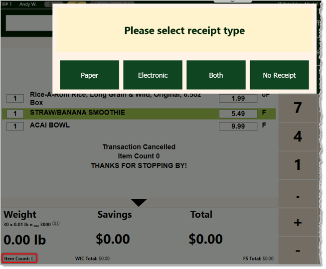 Image showing a canceled transaction and the receipt options in the Markt POS Front End.