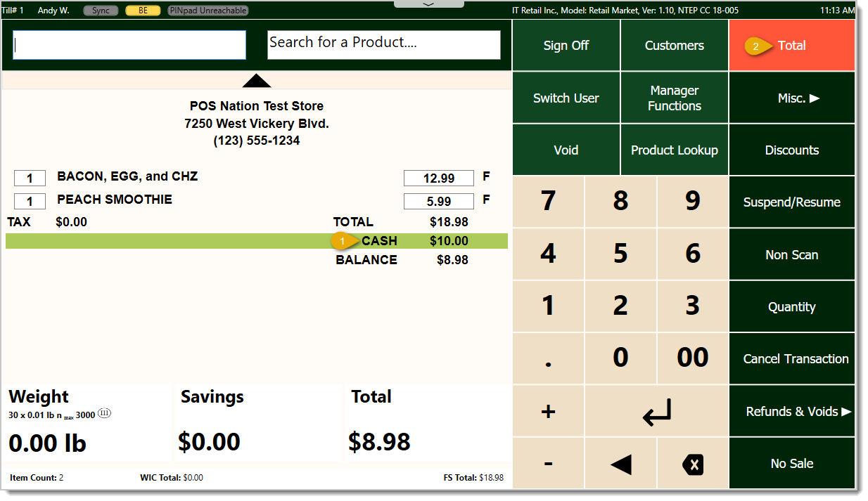 Image showing a transaction in the system's Front End with the payment method highlighted.