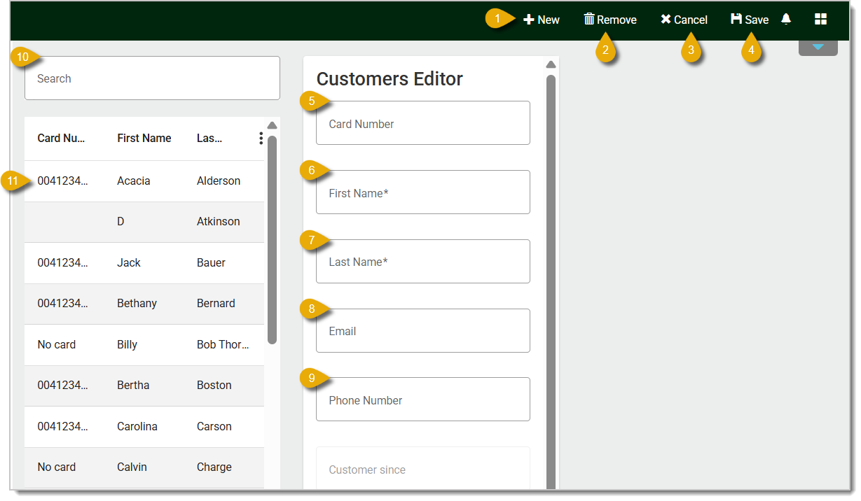 Image of the Customers page, with the Customers Editor visible.