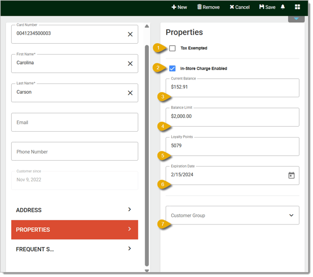 Image of the Properties tab of the Customer page of the system's Back End.