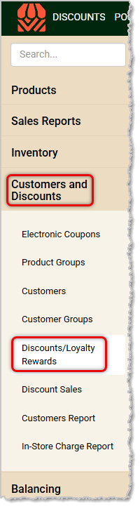 Image showing the Discounts & Loyalty Rewards link in the Customers and Discounts menu of the system's back end.