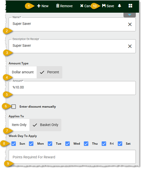 Image showing the steps to create a new discount or loyalty reward in the back end of the system.