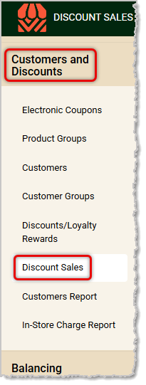 Image showing the Discount Sales Report link in the Customers and Discounts menu of the Back End.
