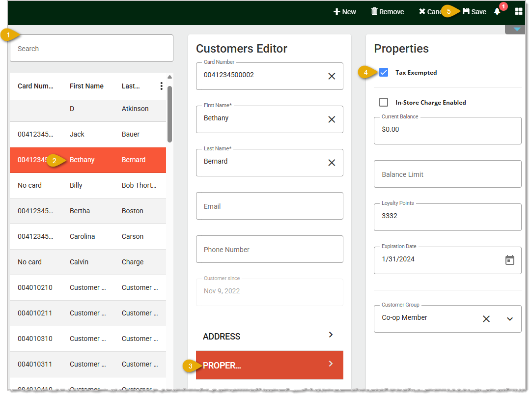 Image showing the steps to set tax exemption for a customer in the system's back end.