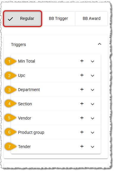 Image of the Triggers options for Regular Electronic Coupons in the  system's Back End.