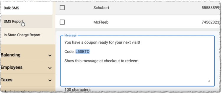 Image showing a bounce back coupon code sent through SMS from the system.