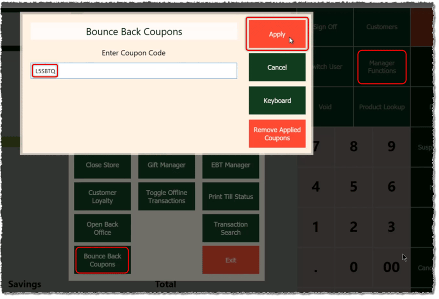 Image showing how to redeem a bounce back coupon code in the Front End of the system.