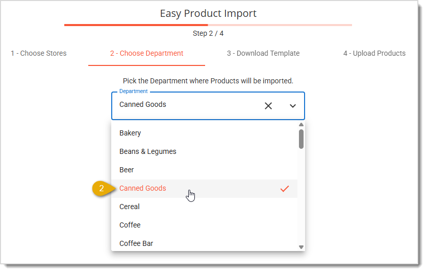 Image showing the Department selection step of the easy import tool in the Back End.