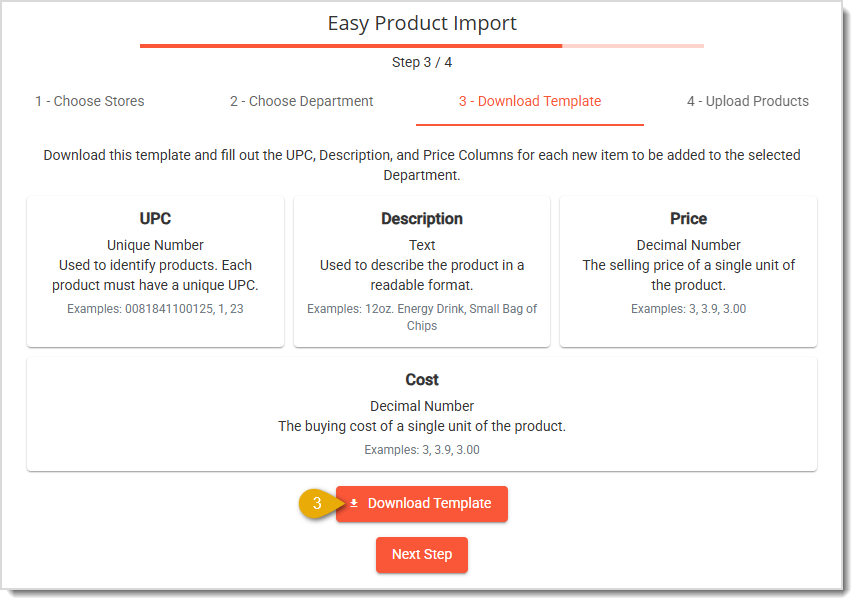 Image showing the download template step of the easy import tool in the Back End.