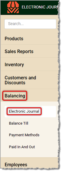 Image showing the Electronic Journal link in the Balancing menu of the system's back end.
