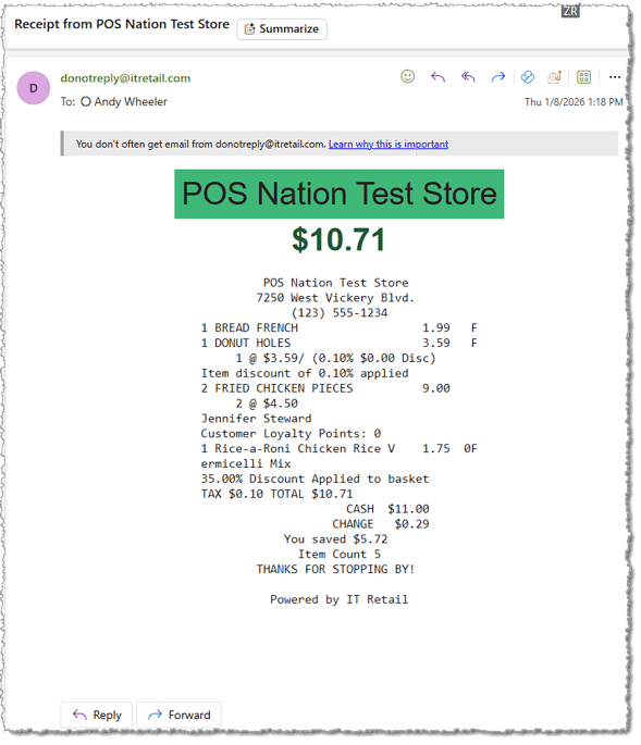 Image showing an emailed receipt from the electronic journal page of the Balancing menu in the system's back end.