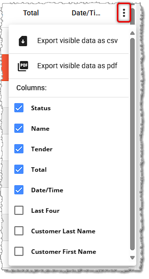 Image showing action options for the transaction data table in the electronic journal page of the balancing area of the system's back end.
