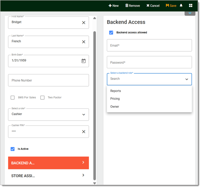 Image of the Back End Access tab and panel.