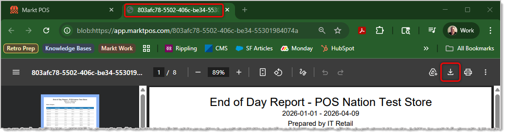 Image showing the End of Day report open in a new tab in Google Chrome.