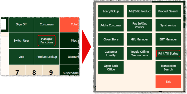Image showing how to print the till status report from the manager functions of the Markt POS Front End.