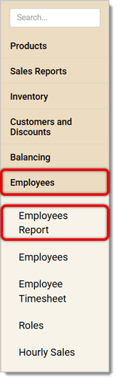 Image of the Back End left-hand panel. Employees and Employees Report are highlighted.