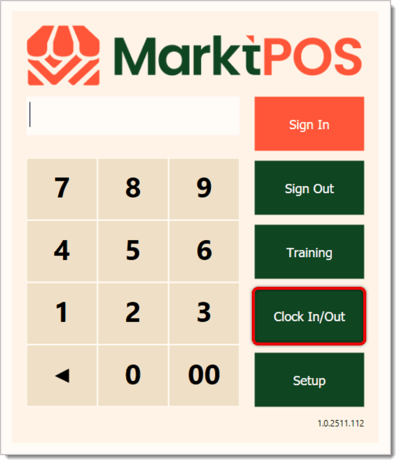 Image of the Front End sign-in menu. Clock In/Out is highlighted.