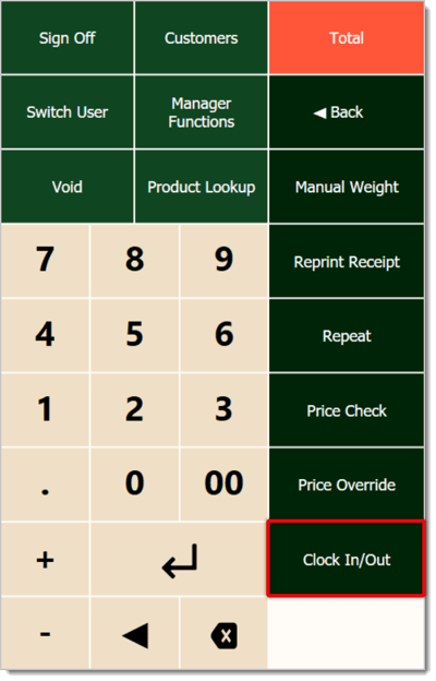 Image of the Clock In/Out button highlighted in the Front End.