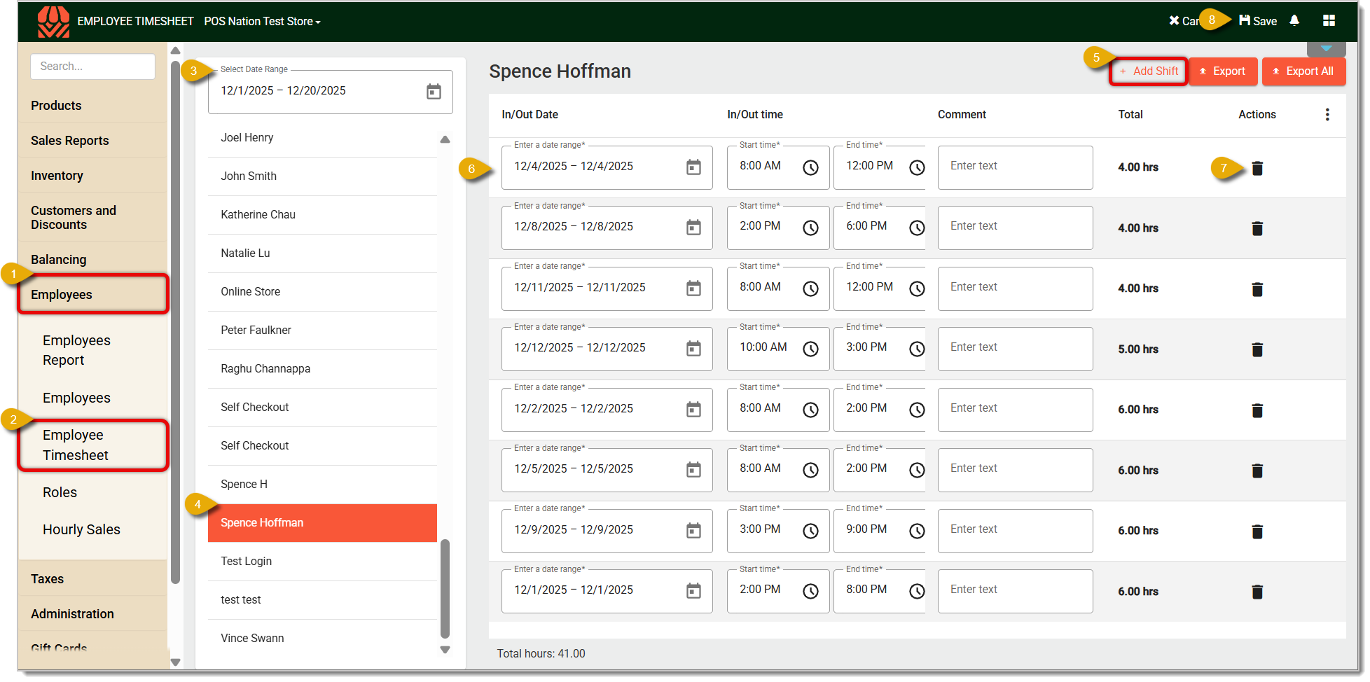 Image of the Timesheet. Numbers highlight steps and functions of this page.