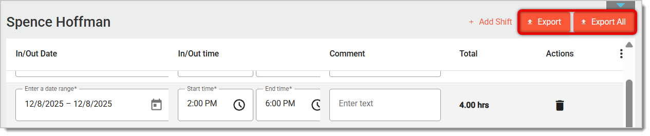 Image of the Export and Export All buttons highlighted in the Employee Timesheet page.