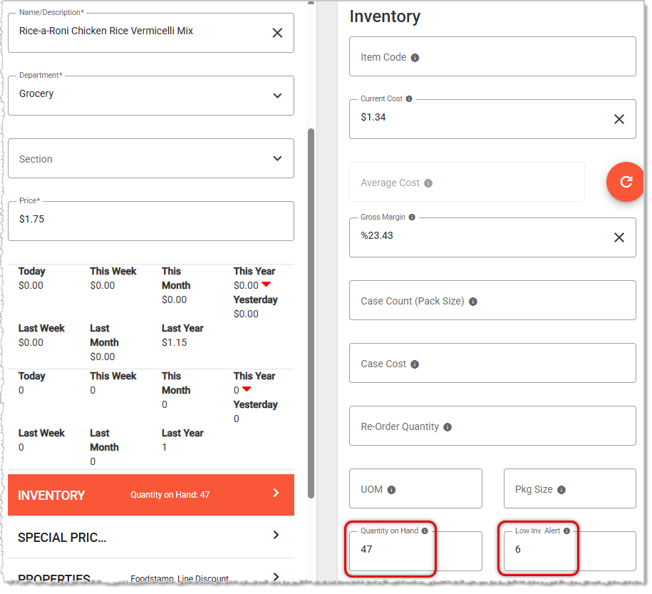 Image showing the Quantity on Hand and Low Inventory Alert settings for an item in the Product Maintenance page of the system's back end.