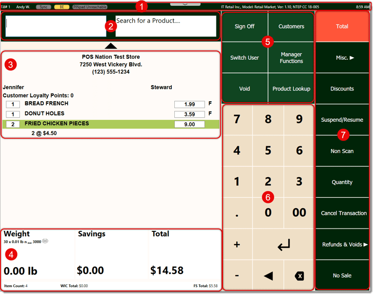 Image showing the different areas of the Markt POS Front End.