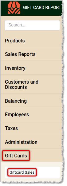 Image showing the Gift Card Sales link in the Gift Cards menu of the Back End.
