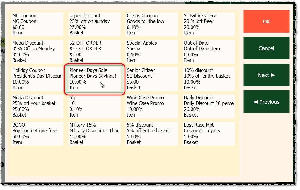 Image showing the discounts window in the Markt POS Front End with a discount highlighted.