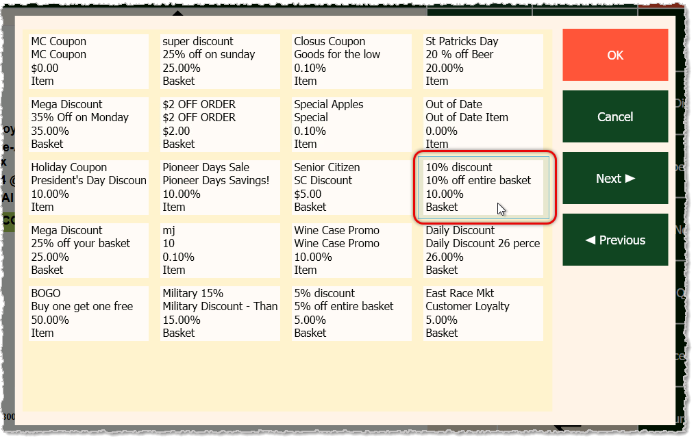 Image showing the discounts window in the Markt POS Front End with a discount highlighted.