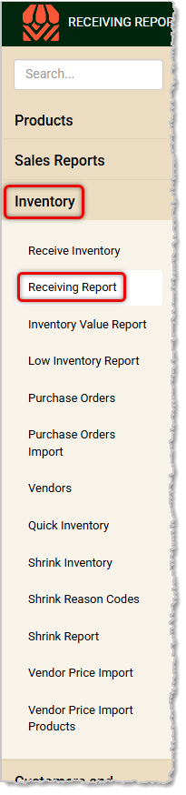 Image showing the Receiving Report link in the Inventory menu of the Back End.