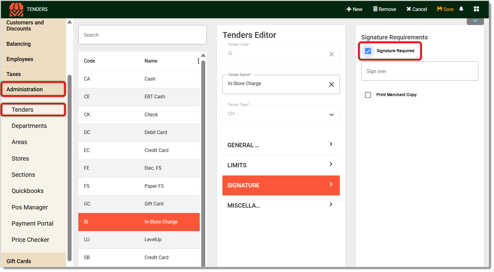 Image of the Tenders page in the Back End.