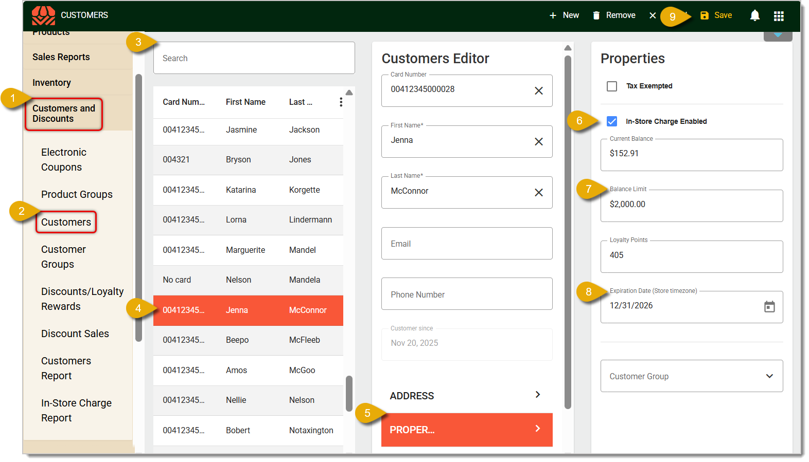 Image of the Customers Editor and the Properties Tab in the Back End. Numbers highlight the steps for making an in-store charge account for a customer.